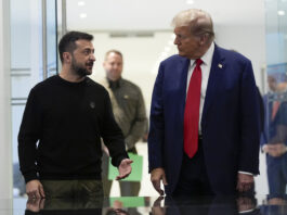 FILE - President Donald Trump meets with Ukraine's President Volodymyr Zelenskyy at Trump Tower, Sept. 27, 2024, in New York. (AP Photo/Julia Demaree Nikhinson, File)