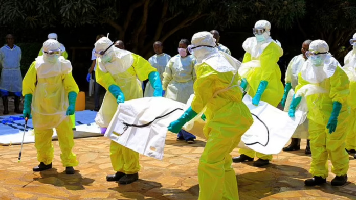 An outbreak in the Congo is causing alarm. Pictured are Congolese officials and the World Health Organization officials during a training against the Ebola virus in 2018