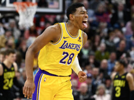 SALT LAKE CITY, UTAH - FEBRUARY 14: Rui Hachimura #28 of the Los Angeles Lakers celebrates a three point basket during the second half of a game against the Utah Jazz at Delta Center on February 14, 2024 in Salt Lake City, Utah. NOTE TO USER: User expressly acknowledges and agrees that, by downloading and or using this photograph, User is consenting to the terms and conditions of the Getty Images License Agreement. (Photo by Alex Goodlett/Getty Images)