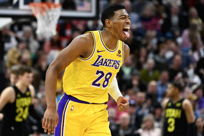 SALT LAKE CITY, UTAH - FEBRUARY 14: Rui Hachimura #28 of the Los Angeles Lakers celebrates a three point basket during the second half of a game against the Utah Jazz at Delta Center on February 14, 2024 in Salt Lake City, Utah. NOTE TO USER: User expressly acknowledges and agrees that, by downloading and or using this photograph, User is consenting to the terms and conditions of the Getty Images License Agreement. (Photo by Alex Goodlett/Getty Images)