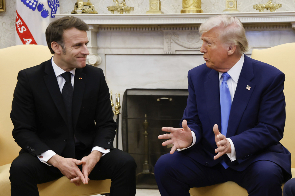 President Donald Trump speaks during a meeting with France's President Emmanuel Macron in the Oval Office of the White House in Washington, Monday, Feb. 24, 2025. (Ludovic Marin/Pool via AP)