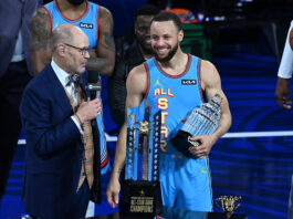 SAN FRANCISCO, CALIFORNIA - FEBRUARY 16: Stephen Curry is chosen Most Valuable Player (MVP) as Shaq's OGs won championship during 2025 NBA All-Star night at Chase Center in San Francisco, California, United States on February 16, 2025. (Photo by Tayfun Coskun/Anadolu via Getty Images)