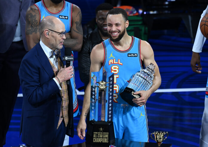 SAN FRANCISCO, CALIFORNIA - FEBRUARY 16: Stephen Curry is chosen Most Valuable Player (MVP) as Shaq's OGs won championship during 2025 NBA All-Star night at Chase Center in San Francisco, California, United States on February 16, 2025. (Photo by Tayfun Coskun/Anadolu via Getty Images)