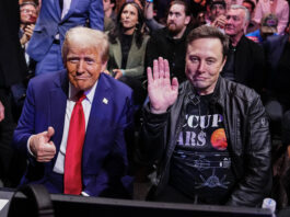 NEW YORK, NEW YORK - NOVEMBER 16: President-elect Donald Trump and Elon Musk pose for a photo during the UFC 309 event at Madison Square Garden on November 16, 2024 in New York City. (Photo by Jeff Bottari/Zuffa LLC)