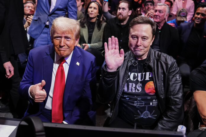 NEW YORK, NEW YORK - NOVEMBER 16: President-elect Donald Trump and Elon Musk pose for a photo during the UFC 309 event at Madison Square Garden on November 16, 2024 in New York City. (Photo by Jeff Bottari/Zuffa LLC)