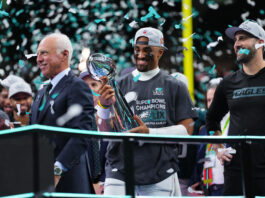 NEW ORLEANS, LA - FEBRUARY 09: Jalen Hurts #1 of the Philadelphia Eagles holds the Vince Lombardi Trophy after defeating the Kansas City Chiefs during Super Bowl LIX at Caesars Superdome on February 9, 2025 in New Orleans, Louisiana. (Photo by Cooper Neill/Getty Images)