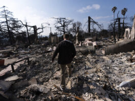 Chris Wilson walks through the remains of his home, consumed by the Eaton Fire, in Altadena, Calif., Thursday, Jan. 30, 2025. (AP Photo/Jae C. Hong)