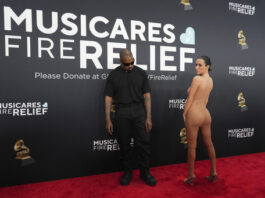 Kanye West, left, and Bianca Censori arrive at the 67th annual Grammy Awards on Sunday, Feb. 2, 2025, in Los Angeles. (Photo by Jordan Strauss/Invision/AP)