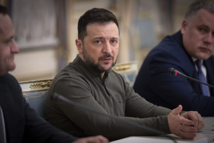 Ukrainian President Volodymyr Zelenskyy speaks during his meeting with President of the European Investment Bank Nadia Calvino in Kyiv, Ukraine, Monday, Feb. 10, 2025. (AP Photo/Efrem Lukatsky)