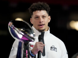 Kansas City Chiefs quarterback Patrick Mahomes (15) participates during Super Bowl 59 Opening Night, Monday, Feb. 3, 2025, in New Orleans, ahead of the NFL football game between the Philadelphia Eagles and the Kansas City Chiefs Sunday. (AP Photo/Brynn Anderson )