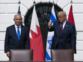 FILE- Israeli Prime Minister Benjamin Netanyahu, left, and President Donald Trump stand as they prepare to depart after the Abraham Accords signing ceremony on the South Lawn of the White House, Sept. 15, 2020, in Washington. (AP Photo/Alex Brandon, File)