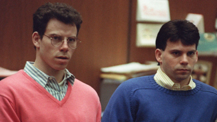 Erik Menendez, left, and his brother, Lyle, listen during a pre-trial hearing on December 29, 1992, in Los Angeles. Vince Bucci/AFP/Getty Images