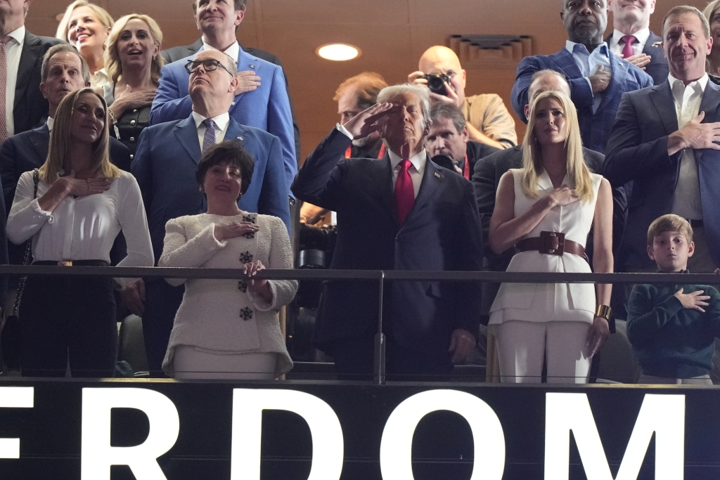 Lara Trump, from left, New Orleans Saints owner Gayle Benson, President Donald Trump, his daughter Ivanka Trump and Ivanka Trump's son Theodore watch from a suite prior to the NFL Super Bowl 59 football game between the Philadelphia Eagles and the Kansas City Chiefs, Sunday, Feb. 9, 2025, in New Orleans. (AP Photo/Brynn Anderson)