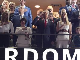 Lara Trump, from left, New Orleans Saints owner Gayle Benson, President Donald Trump, his daughter Ivanka Trump and Ivanka Trump's son Theodore watch from a suite prior to the NFL Super Bowl 59 football game between the Philadelphia Eagles and the Kansas City Chiefs, Sunday, Feb. 9, 2025, in New Orleans. (AP Photo/Brynn Anderson)