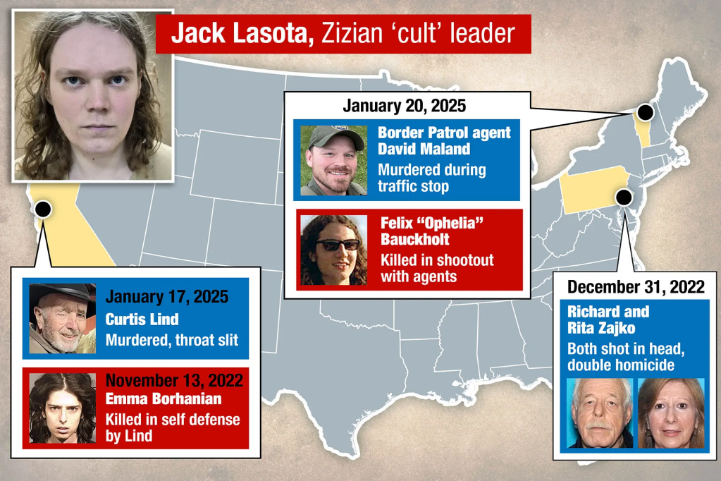 A map showing the deaths linked to the Zizian group in California, Pennsylvania and Vermont.
NY Post Design