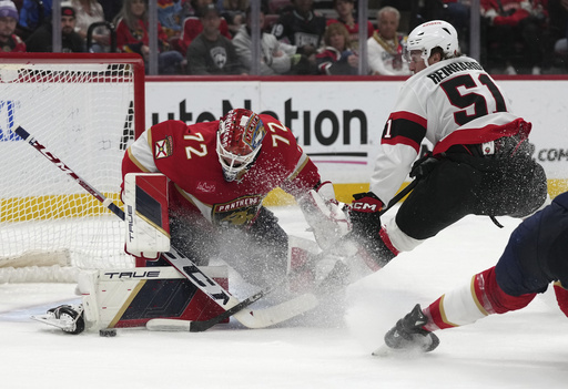 Matthew Tkachuk shines with a three-point performance as Florida defeats Ottawa 5-1 before the break.