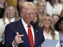 President Donald Trump speaks before signing an executive order barring transgender female athletes from competing in women's or girls' sporting events, in the East Room of the White House, Wednesday, Feb. 5, 2025, in Washington. (AP Photo/Alex Brandon)