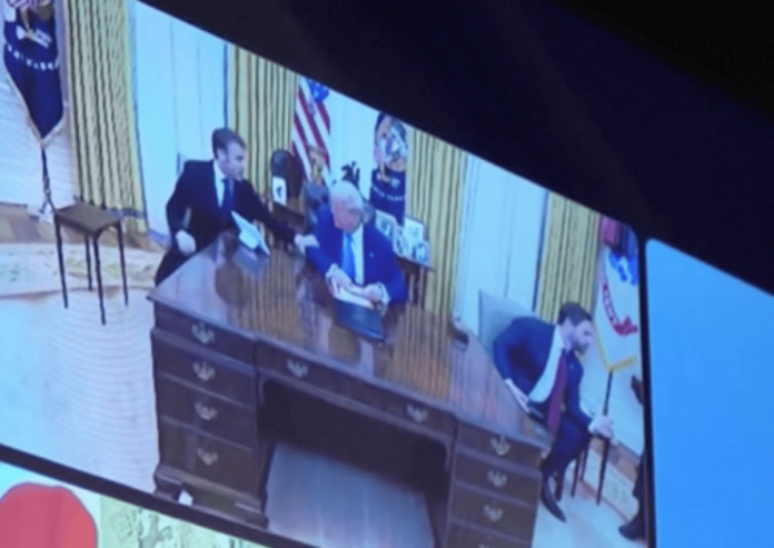 uring a Zoom call with world leaders, Macron was embarrassingly crammed onto the corner of Trump's Oval Office desk, with the US president sitting spaciously in the middle