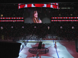 Singer Chantal Kreviazuk performs "O Canada" prior to the 4 Nations Face-Off championship hockey game, Thursday, Feb. 20, 2025, in Boston. (AP Photo/Charles Krupa)