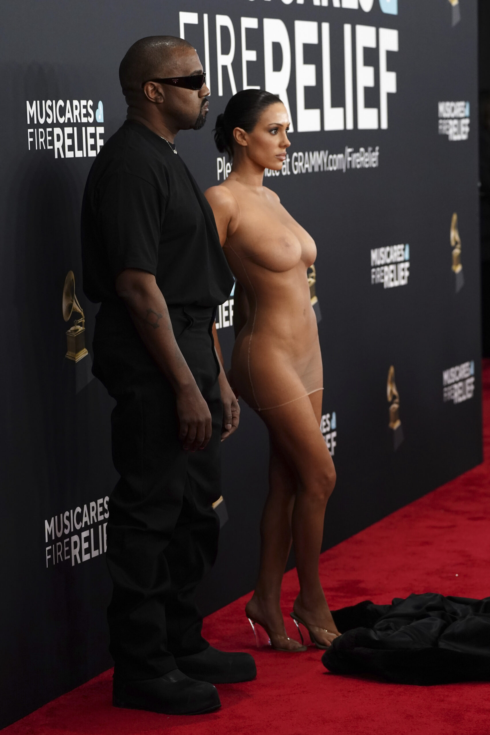 Kanye West, left, and Bianca Censori arrive at the 67th annual Grammy Awards on Sunday, Feb. 2, 2025, in Los Angeles. (Photo by Jordan Strauss/Invision/AP)