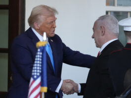 President Donald Trump greets Israeli Prime Minister Benjamin Netanyahu as he arrives at the West Wing of the White House, Tuesday, Feb. 4, 2025, in Washington. (AP Photo/Alex Brandon)