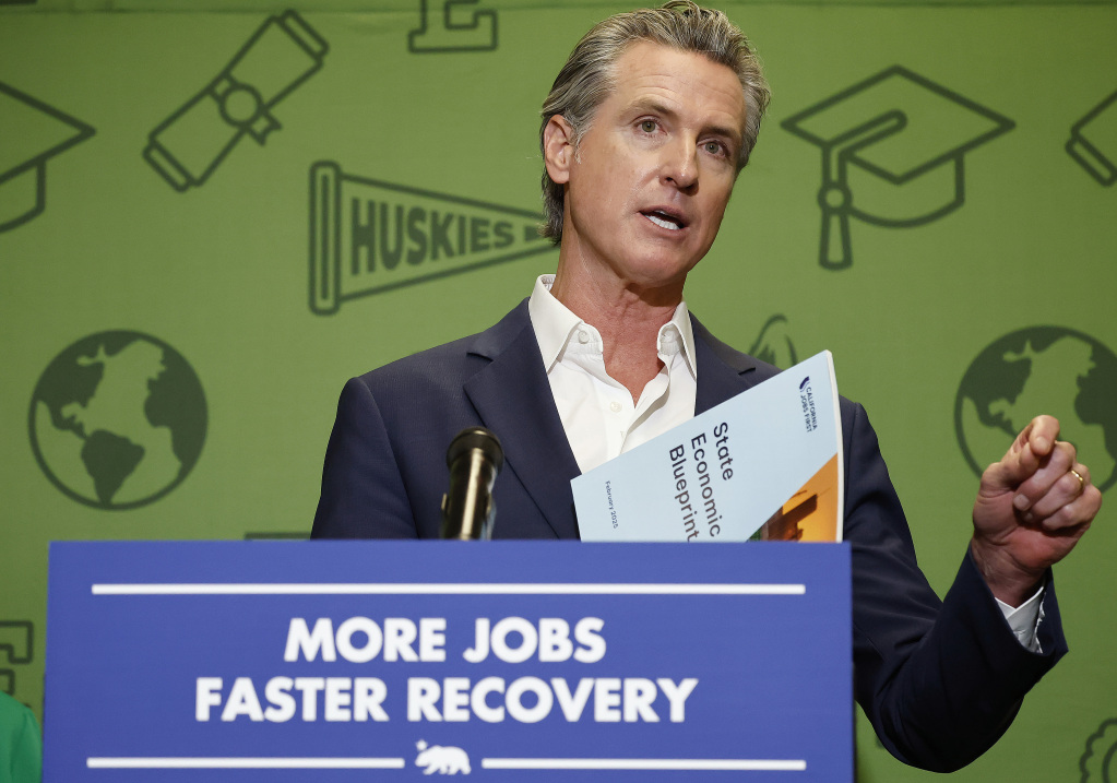 MONTEREY PARK, CALIFORNIA - FEBRUARY 26: California Governor Gavin Newsom speaks at a news conference at East Los Angeles College on February 26, 2025 in Monterey Park, California. Newsom announced the California Jobs First Economic Blueprint along with additional funding for Los Angeles communities impacted by wildfires today. (Photo by Mario Tama/Getty Images)
