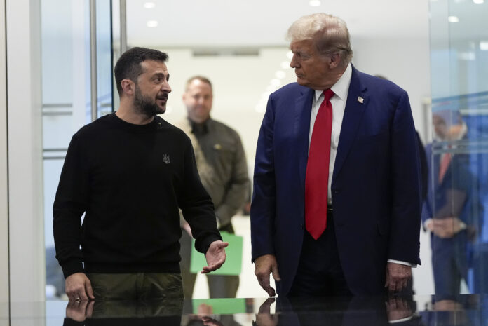 President Donald Trump meets with Ukraine's President Volodymyr Zelenskyy at Trump Tower, Sept. 27, 2024, in New York before his return to the White House. (AP Photo/Julia Demaree Nikhinson, File)