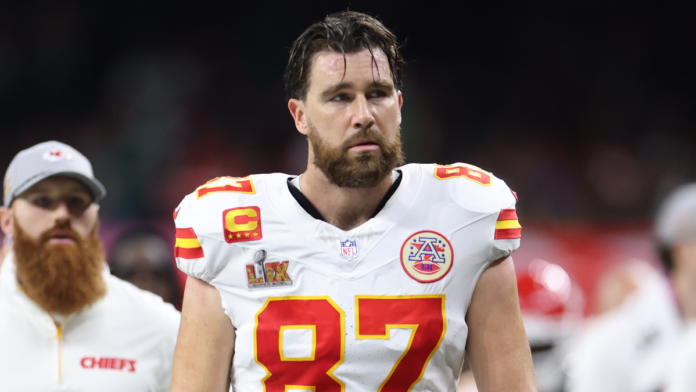 NEW ORLEANS, LOUISIANA - FEBRUARY 09: Travis Kelce #87 of the Kansas City Chiefs walks off the field at half time against the Philadelphia Eagles during Super Bowl LIX at Caesars Superdome on February 09, 2025 in New Orleans, Louisiana. (Photo by Jamie Squire/Getty Images)