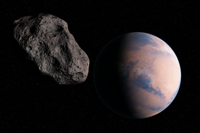 Planet and asteroid in space, illustration.