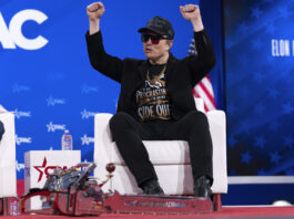 Elon Musk gestures during the Conservative Political Action Conference, CPAC, at the Gaylord National Resort & Convention Center, Thursday, Feb. 20, 2025, in Oxon Hill, Md. (AP Photo/Jose Luis Magana)