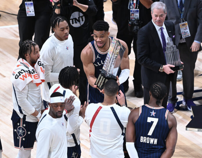 INDIANAPOLIS, UNITED STATES - FEBRUARY 18: Players of Team Giannis celebrate after winning the 73rd NBA All-Star game between Team LeBron and Team Giannis at Gainbridge Fieldhouse in Indianapolis, United States on February 18, 2024. (Photo by Fatih Aktas/Anadolu via Getty Images)