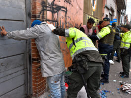 Colombia's police and military perform an operation against microtrafficking in the San Bernardo neigborhood to reduce crime and increase safeness in the downtown area of Bogota, Colombia on May 3, 2024. (Photo by: Cristian Bayona/Long Visual Press/Universal Images Group via Getty Images)