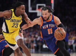 New York, N.Y.: New York Knicks guard Jalen Brunson (11) dribbles against Indiana Pacers forward Aaron Nesmith (23) in the 2nd quarter in game 5 of an NBA playoff Eastern Conference Semi-final round,May 14, 2024, at Madison Square Garden. (Photo by J. Conrad Williams, Jr./Newsday RM via Getty Images)