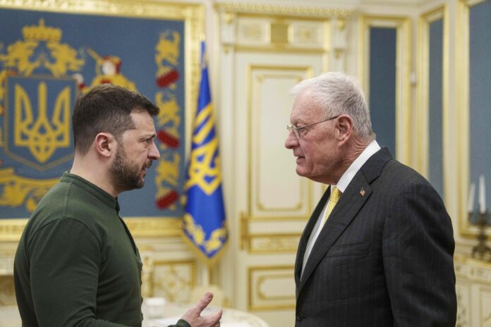 U.S. Special Envoy for Ukraine and Russia Keith Kellogg, right, and Ukraine's President Volodymyr Zelenskyy talk during their meeting in Kyiv, Ukraine, Feb. 20, 2025. (AP Photo/Evgeniy Maloletka)