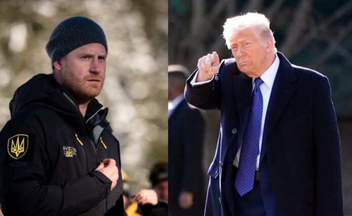 President Donald Trump walks to board Marine One on the South Lawn of the White House, Friday, Feb. 14, 2025, in Washington. (AP Photo/Alex Brandon) and Britain's Prince Harry, the Duke of Sussex watches competitors in the biathlon finals during the 2025 Invictus Games in Whistler, British Columbia, Tuesday, Feb. 11, 2025. (Tijana Martin/The Canadian Press via AP)