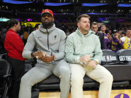 LOS ANGELES, CALIFORNIA - FEBRUARY 8: LeBron James #23 and Luka Doncic #77 before the game against Indiana Pacers at Crypto.com Arena on February 8, 2025 in Los Angeles, California. NOTE TO USER: User expressly acknowledges and agrees that, by downloading and or using this photograph, User is consenting to the terms and conditions of the Getty Images License Agreement. (Photo by Kevork Djansezian/Getty Images)