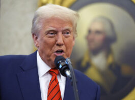 President Donald Trump speaks before Pam Bondi is sworn in as Attorney General by Supreme Court Associate Justice Clarence Thomas, in the Oval Office of the White House, Wednesday, Feb. 5, 2025, in Washington. (AP Photo/Evan Vucci)