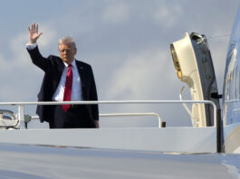 President Donald Trump waves as he boards Air Force One at Palm Beach International Airport in West Palm Beach, Fla., Sunday, Feb. 9, 2025. (AP Photo/Ben Curtis)