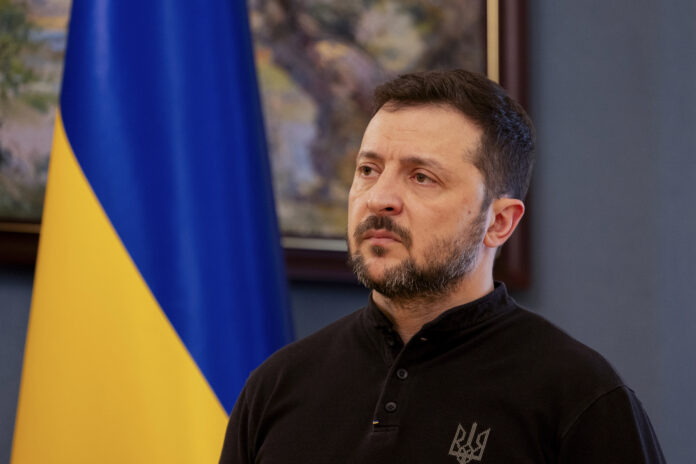 Ukraine's President Volodymyr Zelenskyy gives a press conference in Kyiv, Ukraine, Wednesday, Feb. 19, 2025. (Tetiana Dzhafarova, Pool Photo via AP)