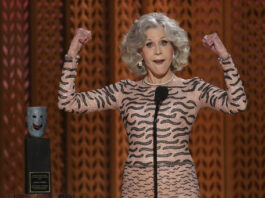 Jane Fonda accepts the lifetime achievement award during the 31st annual Screen Actors Guild Awards on Sunday, Feb. 23, 2025, at the Shrine Auditorium in Los Angeles. (AP Photo/Chris Pizzello)