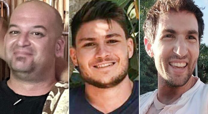 This combination of images provided by Hostages Family Forum shows Iair Horn, Alexander (Sasha) Troufanov and Sagui Dekel Chen, who all were abducted and brought to Gaza on Oct. 7, 2023. (Hostages Family Forum via AP)