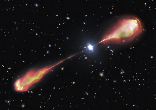 Telescopes detect a massive radio jet emanating from a luminous and ancient cosmic entity.