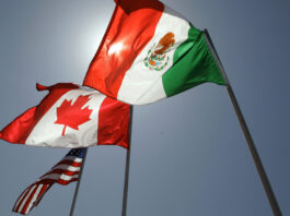 FILE - National flags representing the United States, Canada, and Mexico fly in the breeze in New Orleans where leaders of the North American Free Trade Agreement met on April 21, 2008. (AP Photo/Judi Bottoni, File)