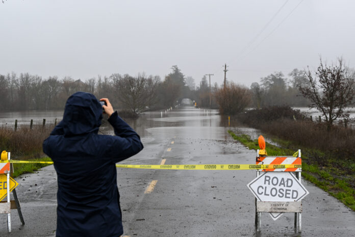 CALIFORNIA, USA - FEBRUARY 6: Floodwaters caused road closures during heavy rain near Hall Road in Santa Rosa of Sonoma County, California, United States on February 6, 2025 as an atmospheric river hits Northern California. (Photo by Tayfun Coskun/Anadolu via Getty Images)