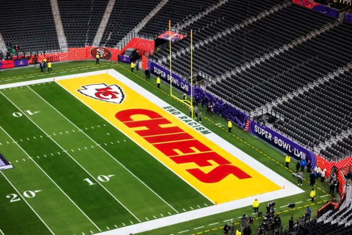 The Kansas City Chiefs' end zone at Allegiant Stadium in Las Vegas in February 2024.Ryan Kang / Getty Images file