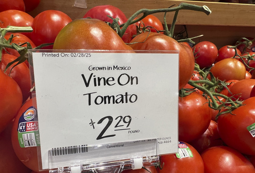 Tomatoes imported from Mexico are for sale in a supermarket in Miami as the United States imposed 25% tariffs on goods from Canada and Mexico, starting a trade war with its closest neighbors and allies Wednesday, Mar. 5, 2025. (AP Photo/Lynne Sladky)