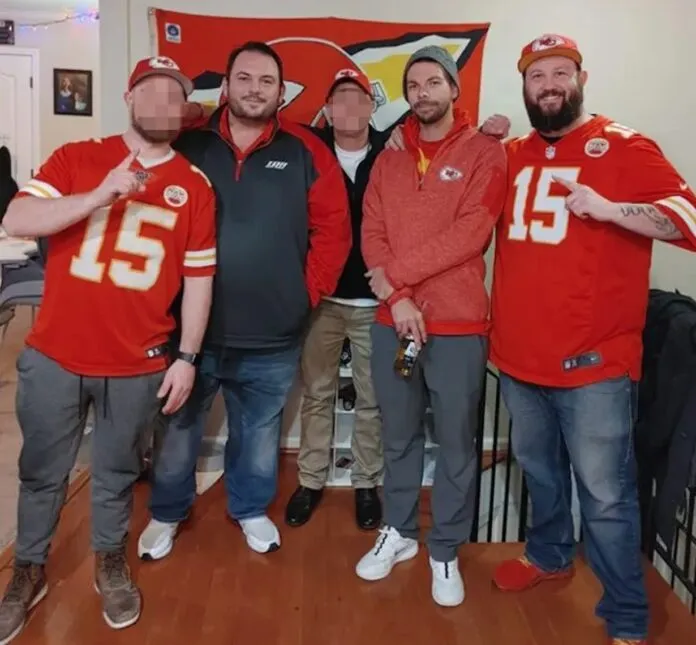 David Harrington, far left, Clayton McGeeney, second from right, Ricky Johnson, right - found dead after they had gathered to watch a Kansas City Chiefs game. Two suspects arrested (Ricky Johnson/Facebook)