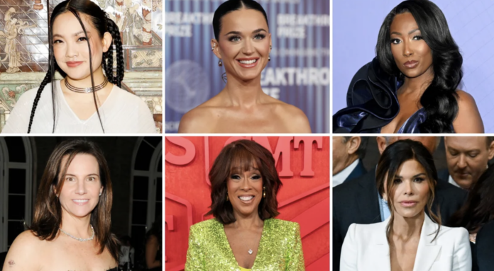 Amanda Nguyen, Katy Perry, Aisha Bowe (top, left to right) will join Kerianne Flynn, Gayle King and Lauren Sánchez (bottom, left to right) on the New Shepard flight.