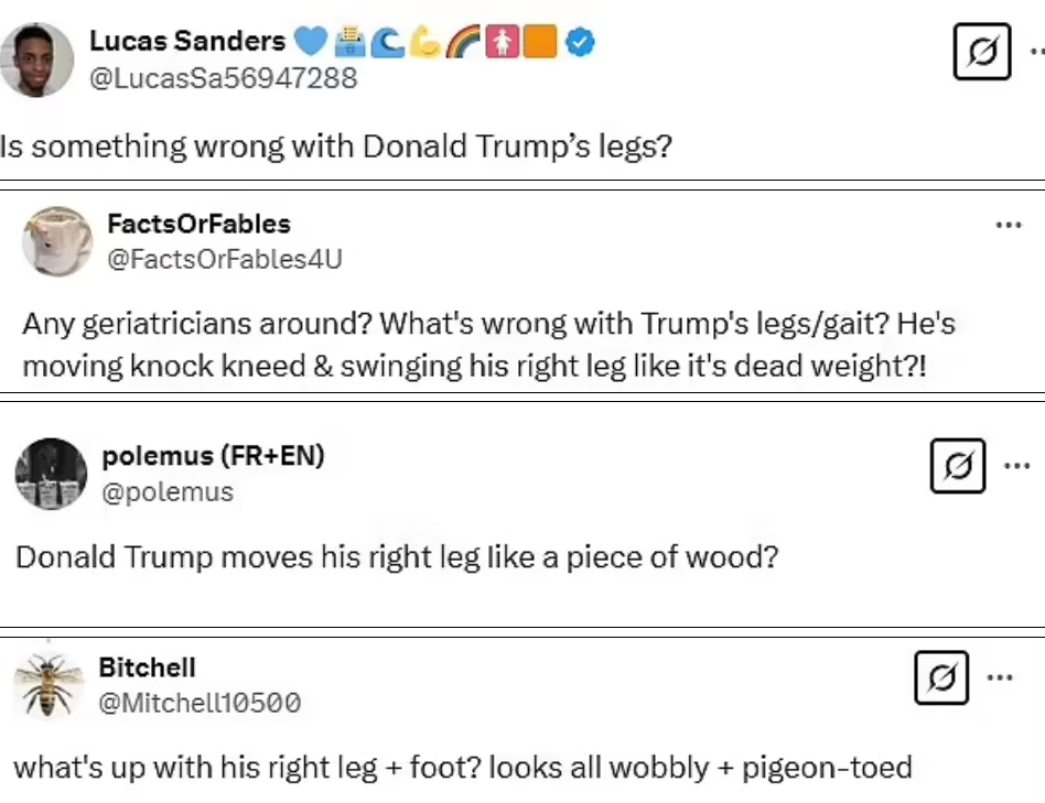 Social media users were quick to question the President's wellness with many asking 'is something wrong with Trump's legs?'

