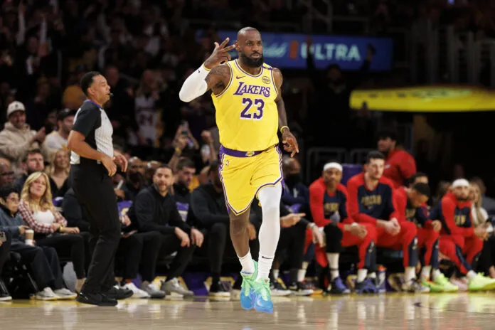 groin injury, Lebron, LOS ANGELES, CA -MARCH 4, 2025: Los Angeles Lakers forward LeBron James (23) reacts after his there-point shot put him at the 50,000 point mark, a record for the Lakers, in the first half against the New Orleans Pelicans at Crypto.com Arena on March 4, 2025 in Los Angeles, California. (Gina Ferazzi / Los Angeles Times via Getty Images)